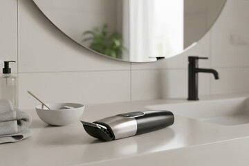 Electric beard trimmer on modern bathroom counter near round mirror and black faucet, minimalist grooming setup with soft natural light, men’s shaving and personal care concept
