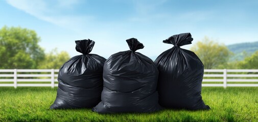 The Garbage Bags on a Green Lawn by a White Picket Fence in Daylight