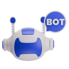 Cute 3D cartoon robot character with blue accents and speech bubble saying BOT isolated on transparent background with antenna detail and expressive robotic face