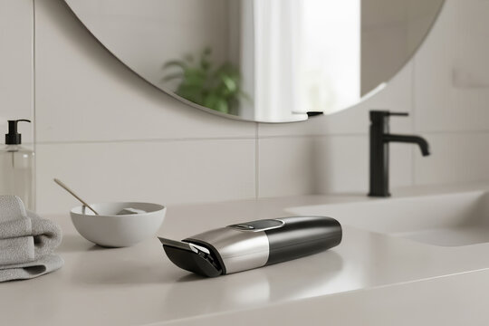 Electric beard trimmer on modern bathroom counter near round mirror and black faucet, minimalist grooming setup with soft natural light, men’s shaving and personal care concept - Powered by Adobe