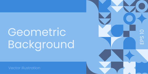 Blue Monochrome Background with Geometric Shapes. Abstract Design with Copy Space in Bauhaus style for Banner, Cards, Flyer, Presentation, Website Design, Landing. Vector template.