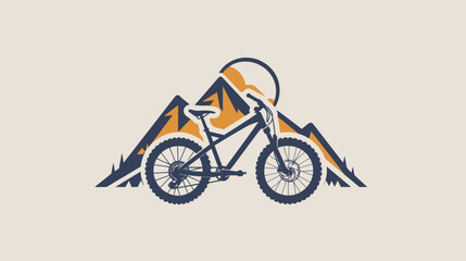 Silhouette of a mountain bike against a backdrop of jagged mountains and a sun © Mangku