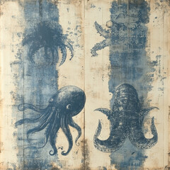 Fototapeta premium Artistic Blue and White Illustrations of Various Octopus Designs
