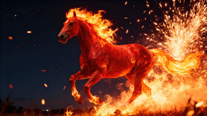 Obraz premium Fiery Horse Galloping Through the Night Sky, Symbolizing Power and Energy