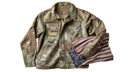 Naklejka premium Camouflage Military Jacket with Folded American Flag on white background 