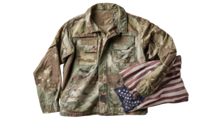 Camouflage Military Jacket with Folded American Flag on white background 