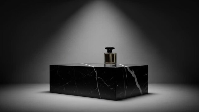 A minimalist studio shot features a cologne bottle resting on a black marble block against a gradient gray backdrop, lit from above