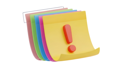 3d icon of stack of colorful sticky notes with red exclamation mark isolated on transparent background