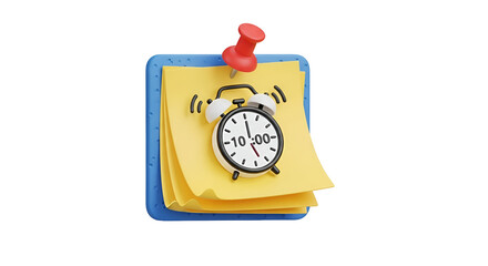 3d icon of reminder note with alarm clock isolated on transparent background, symbolizing time management and scheduling