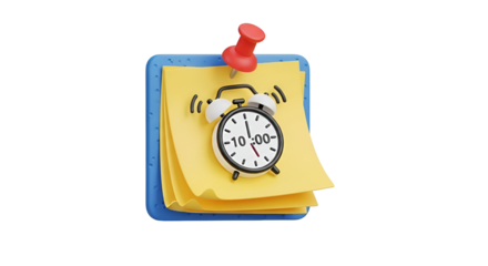 3d icon of reminder note with alarm clock isolated on transparent background, symbolizing time management and scheduling