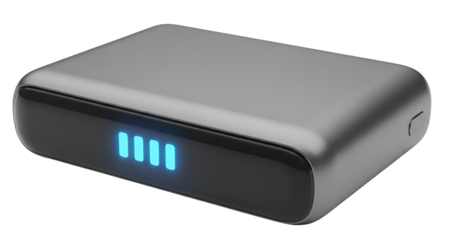 3d icon of portable power bank with four blue led lights indicating the charge level isolated on transparent background