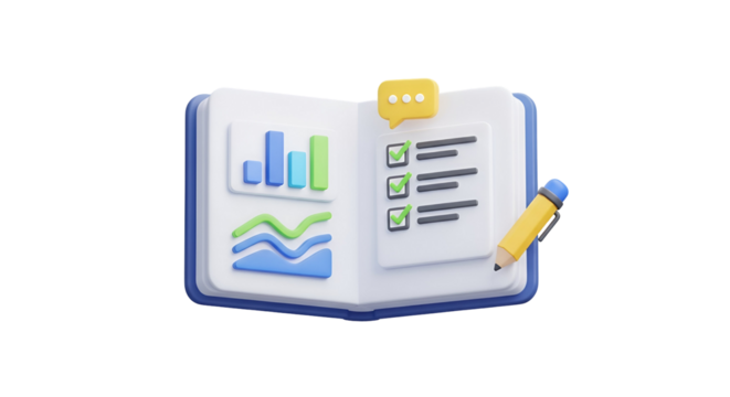 3d icon of open notebook with bar graph, line graph, checklist, and pencil isolated on transparent background