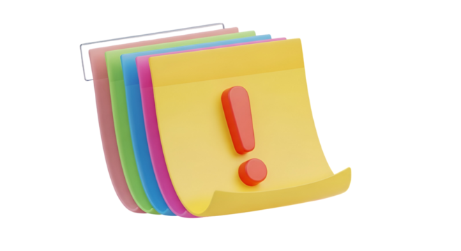 3d icon of stack of colorful sticky notes with red exclamation mark isolated on transparent background