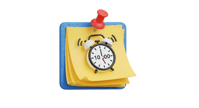 3d icon of reminder note with alarm clock isolated on transparent background, symbolizing time management and scheduling