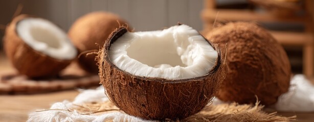 The Coconut Halves on Rustic Wooden Board Showing Fresh White Flesh and Texture