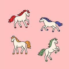 Modern set with horses. Collection of equine animals in motion. Equestrian clip art. Vector illustration isolated on pink background