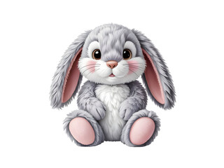 Adorable fluffy gray baby bunny with soft fur texture and cute large ears sitting patiently isolated on transparent background
