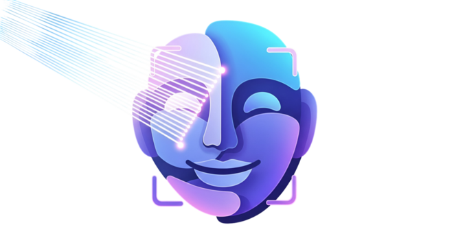 3d icon of futuristic face recognition technology with biometric identification isolated on transparent background