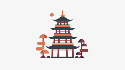 A stylized, multi-tiered pagoda is centered amidst abstract foliage and a distant sun
