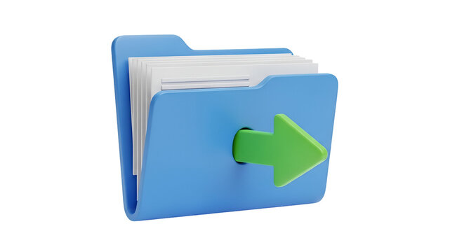 3d icon of 3d render of a blue folder with a green arrow pointing out, isolated on transparent background