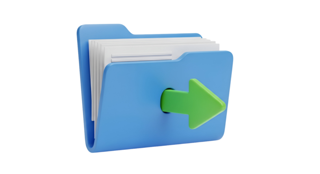 3d icon of 3d render of a blue folder with a green arrow pointing out, isolated on transparent background