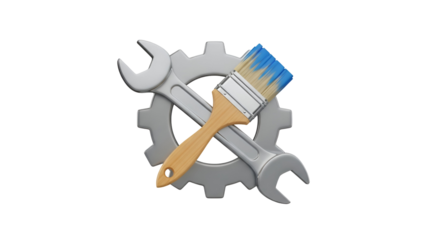 Illustration of a wrench and paintbrush crossed over a gear, isolated on transparent background