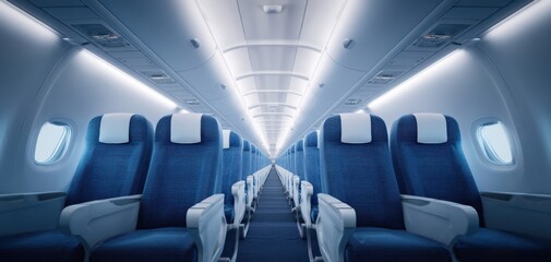 The airplane cabin interior with empty rows of blue seats and modern lighting