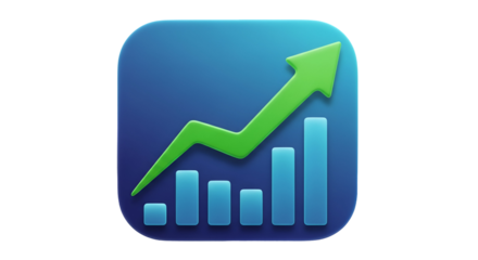 Illustration of a bar graph with an upward trending arrow, isolated on transparent background