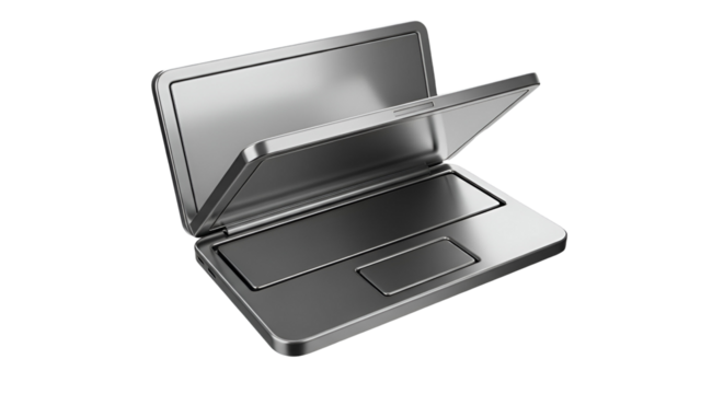 3d icon of sleek metal laptop isolated on transparent background, embodying modern technology and portable computing device
