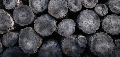 The Logs Charred and Weathered Stack Showing Rustic Wood Cross-Section Texture