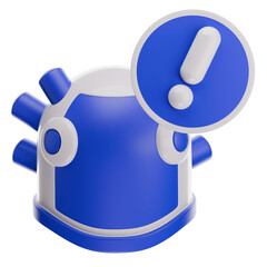 Futuristic Robot Head Icon with Exclamation Mark Warning Symbol on Transparent Background representing alert notification or chatbot assistance