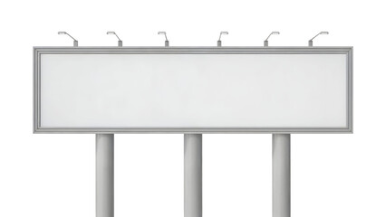 Blank horizontal 3D billboard advertisement mockup with illumination lights and gray metal frame isolated on transparent background