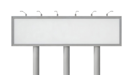 Blank horizontal 3D billboard advertisement mockup with illumination lights and gray metal frame isolated on transparent background