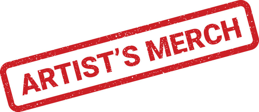 A distressed red rubber stamp impression marking an item as artists merchandise on a surface