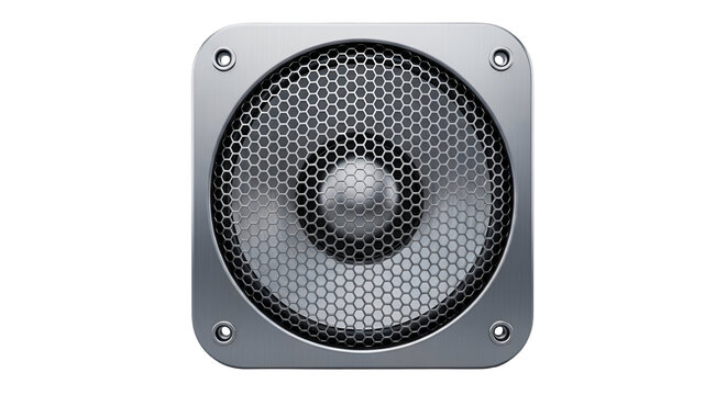 3d icon of speaker isolated on transparent background for audio playback and sound system in silver and black
