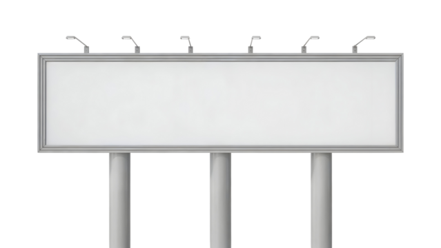 Blank horizontal 3D billboard advertisement mockup with illumination lights and gray metal frame isolated on transparent background - Powered by Adobe