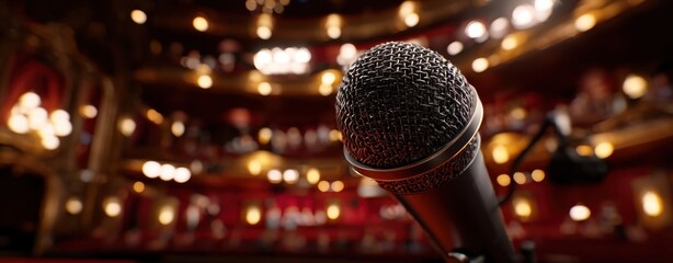 The Microphone Centerstage in a Classic Theater with Bokeh Audience and Warm Lighting