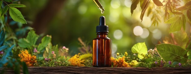 The Amber Dropper Bottle on a Mossy Log Surrounded by Sunlit Greenery