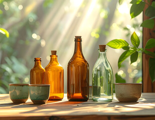 Glass bottles and ceramic cups arranged aesthetically on wooden table with sunlight, minimal eco-friendly composition