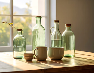 Glass bottles and ceramic cups arranged aesthetically on wooden table with sunlight, minimal eco-friendly composition