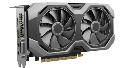 3d icon of modern graphics card with two fans for gaming computer isolated on transparent background, close up view