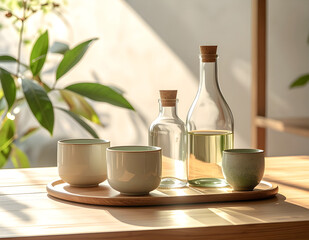Glass bottles and ceramic cups arranged aesthetically on wooden table with sunlight, minimal eco-friendly composition