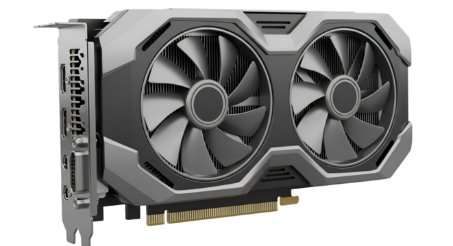 3d icon of modern graphics card with two fans for gaming computer isolated on transparent background, close up view