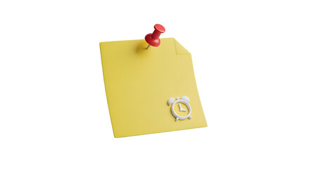 3d icon of yellow sticky note with red push pin and clock icon isolated on transparent background, perfect for reminders