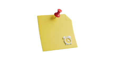 3d icon of yellow sticky note with red push pin and clock icon isolated on transparent background, perfect for reminders