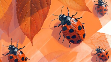 Stylized ladybugs with glossy black and red shells crawl across an orange-toned background with autumn leaves. Soft shadows and artistic lighting enhance the surreal and detailed texture .