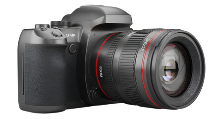 3d icon of professional digital camera with zoom lens isolated on transparent background, perfect for capturing high quality photos
