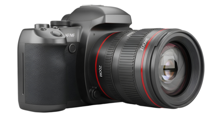 3d icon of professional digital camera with zoom lens isolated on transparent background, perfect for capturing high quality photos