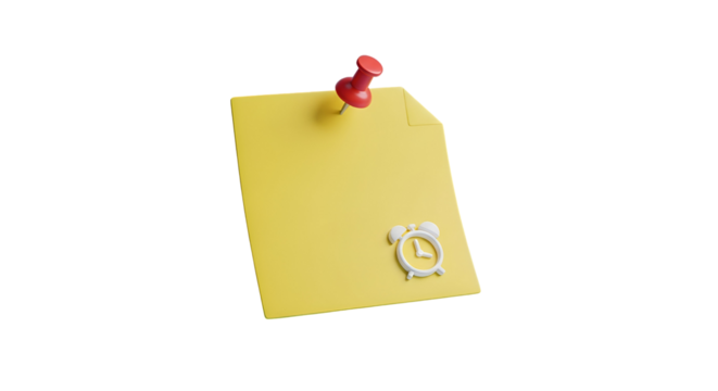 3d icon of yellow sticky note with red push pin and clock icon isolated on transparent background, perfect for reminders