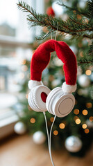 christmas music concept with santa headphones hanging from xmas tree